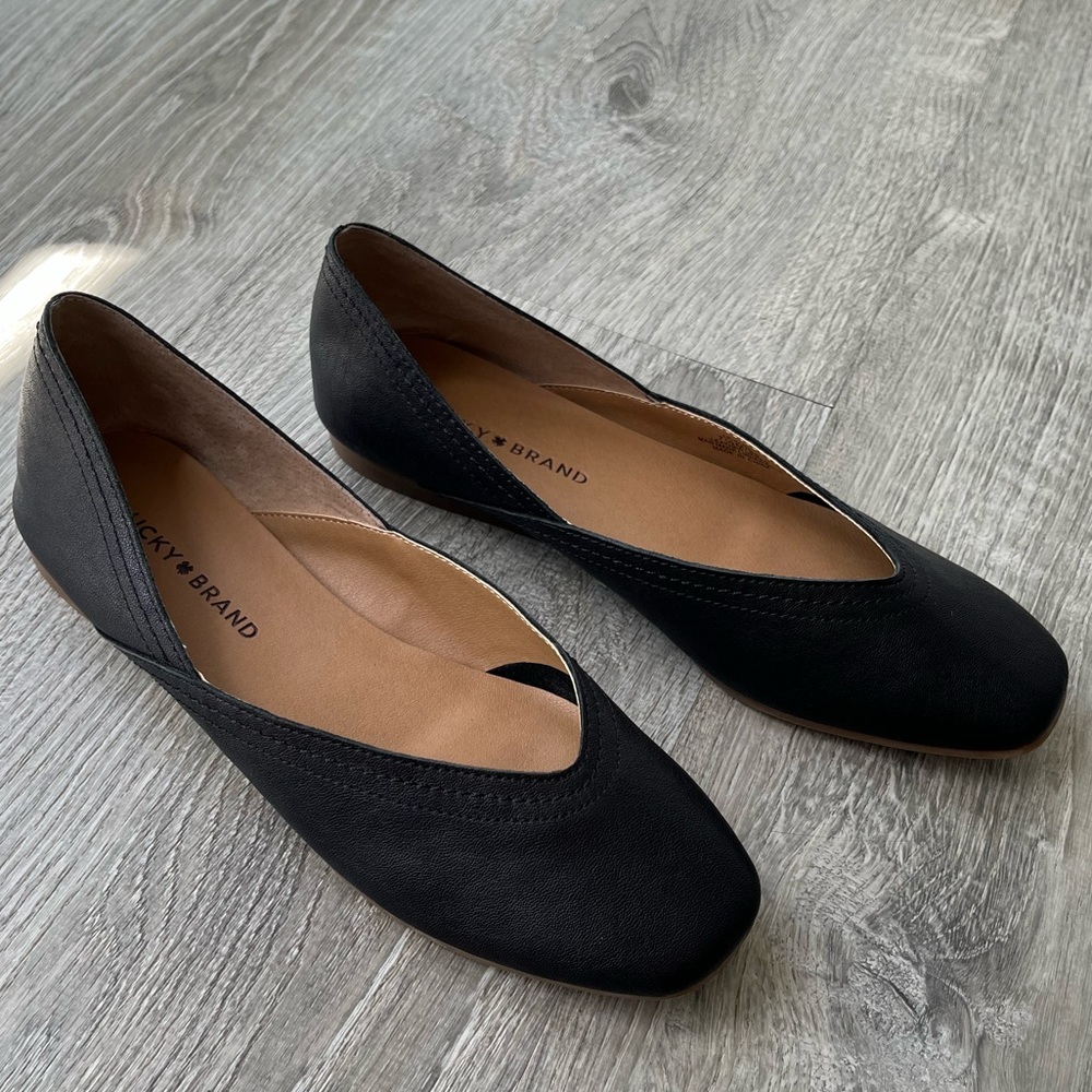 LUCKY BRAND “Alba” D’Orsay Leather Flats, Black (7.5)